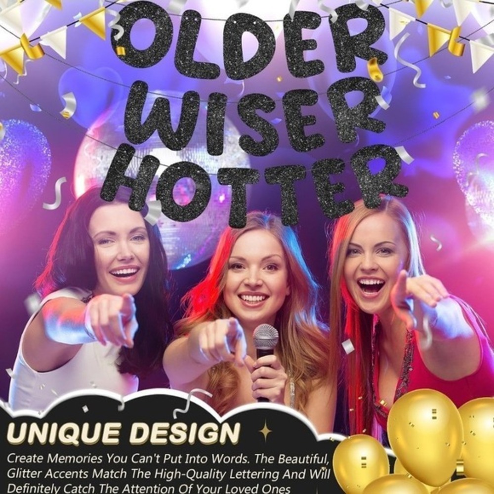 Older Wiser Hotter Black Glitter Birthday Banner Party Sign Decor